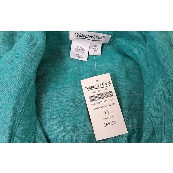 COLDWATER CREEK Green 100% Linen Snap-Front Roll-Sleeve Shirt Women's 1X - Picture 7 of 7